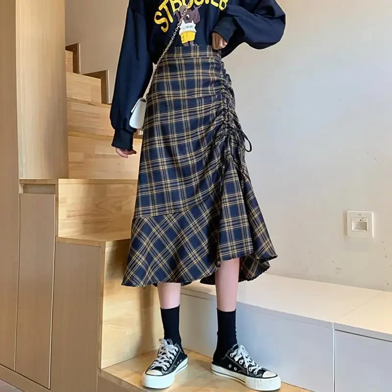 

Women Skirt Spring and Summer Mid Length Plaid Skirt Ruffle High Waist Thin A-line Skirt Fashion Versatile Preppy Skirt Female