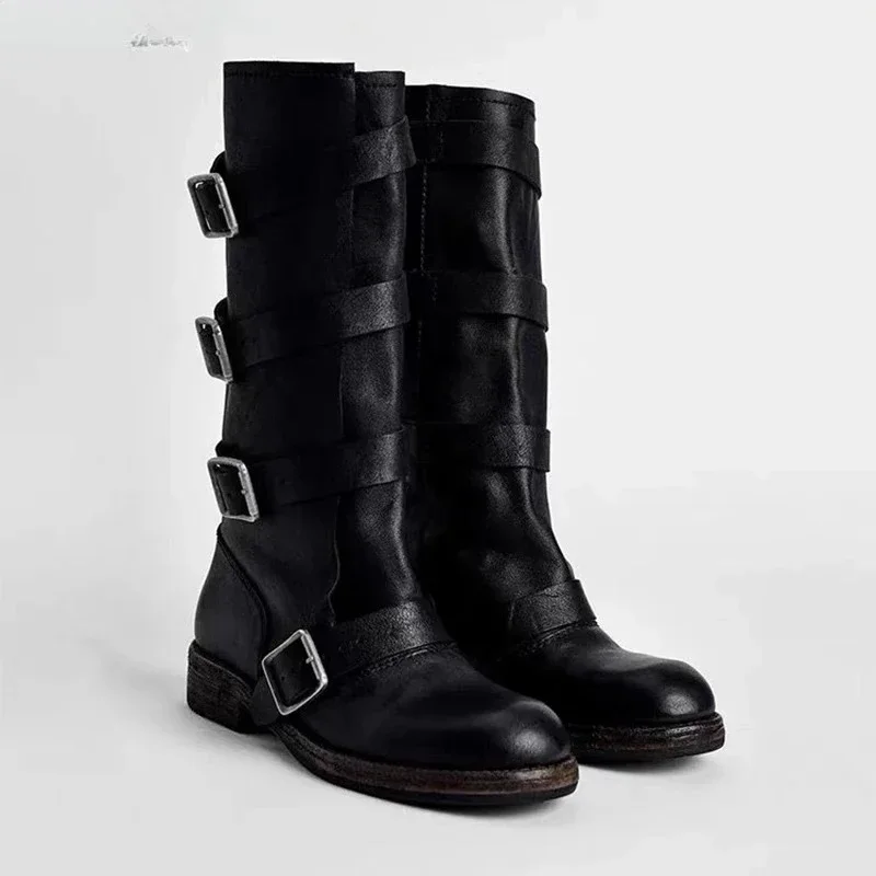 

British Style Retro Belt Buckle Mid Leg Boots Women's Platform Boots Autumn Chelsea Boots Fashion Goth Gladiator Botas De Mujer