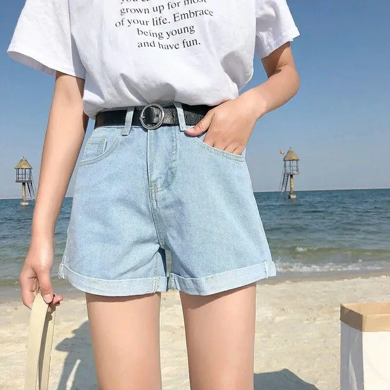 2020 New Women's Loose High Waist A-Line Denim orts Korean Sle Cuffed Slimming Student Wide Leg Hot Pants Summer Trend