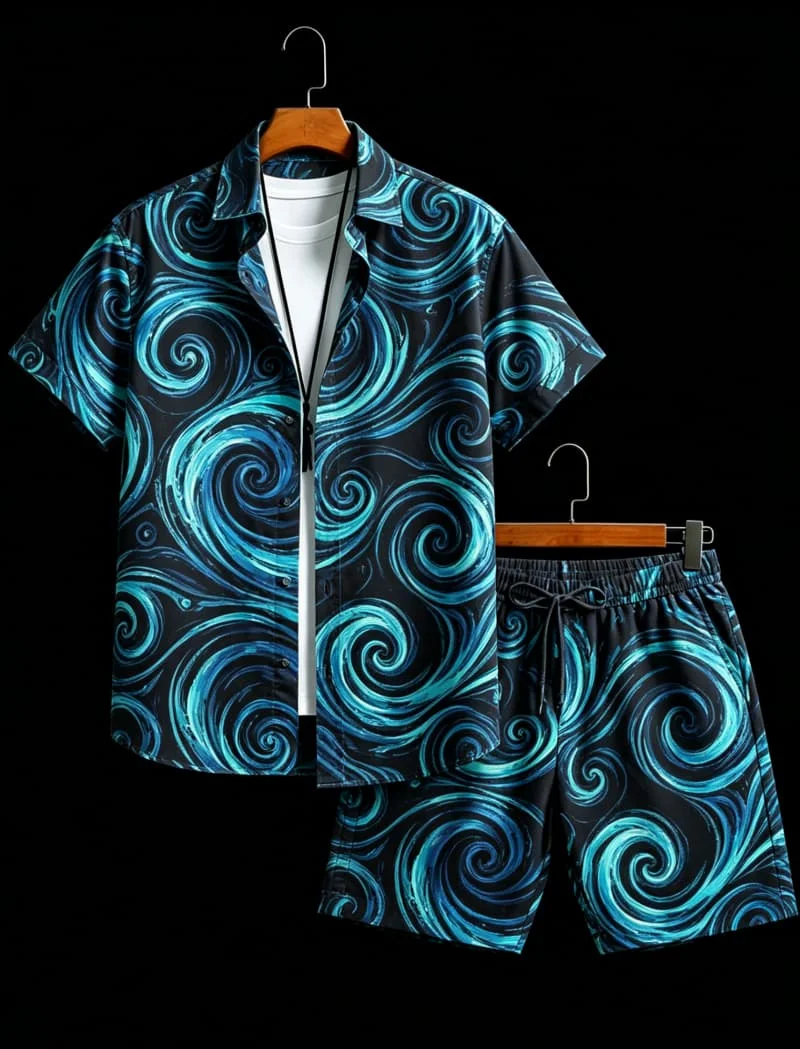 Ensemble deux pièces pour homme à imprimé vortex abstrait, qui injecte une touche de luxe dans votre garde-robe décontractée d'été.