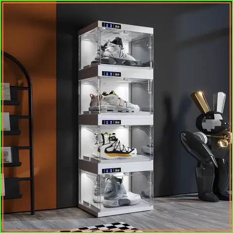 LED Smart Shoe Box Organizer, Auto Open Plastic Stackable Sneaker Display Case, 4 Pack White