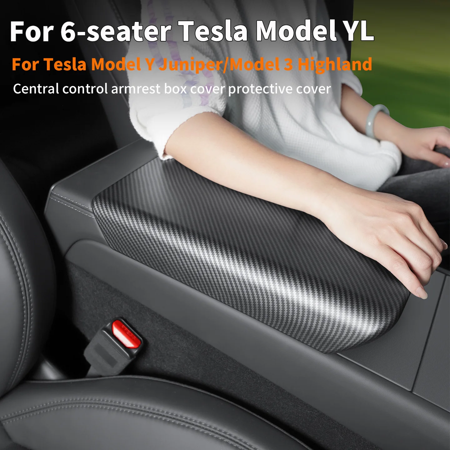 Armlehnenbox-Abdeckung mit Kohlefaser-Muster für Tesla 6-Sitzer Model YL/Y Juniper/Model 3 Highland Schutz- und Dekorationszubehör – Detail 1