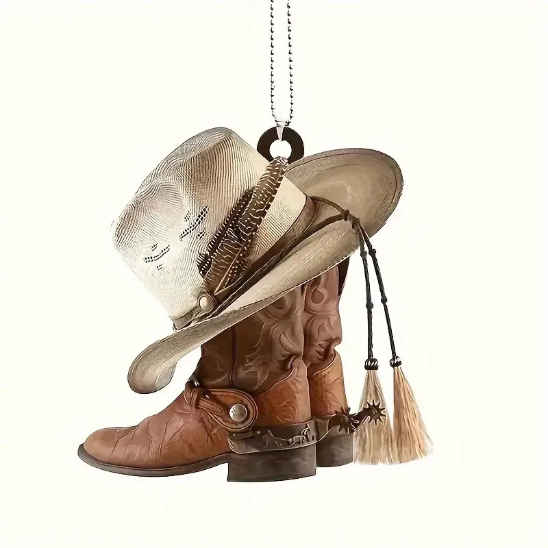 Acrylic Cowboy Hanging Ornament Auto Rearview Mirror Cowboy Flat Car Pendant Boots and Hat Car Pendant Flat Boys Gift