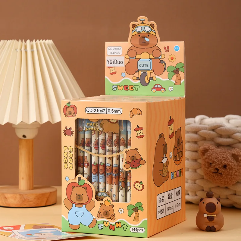 24 Pcs Capybara Straight Rod Neutral Pen Cartoon Cap Pulling Needle Type Pen Gift Student Stationery