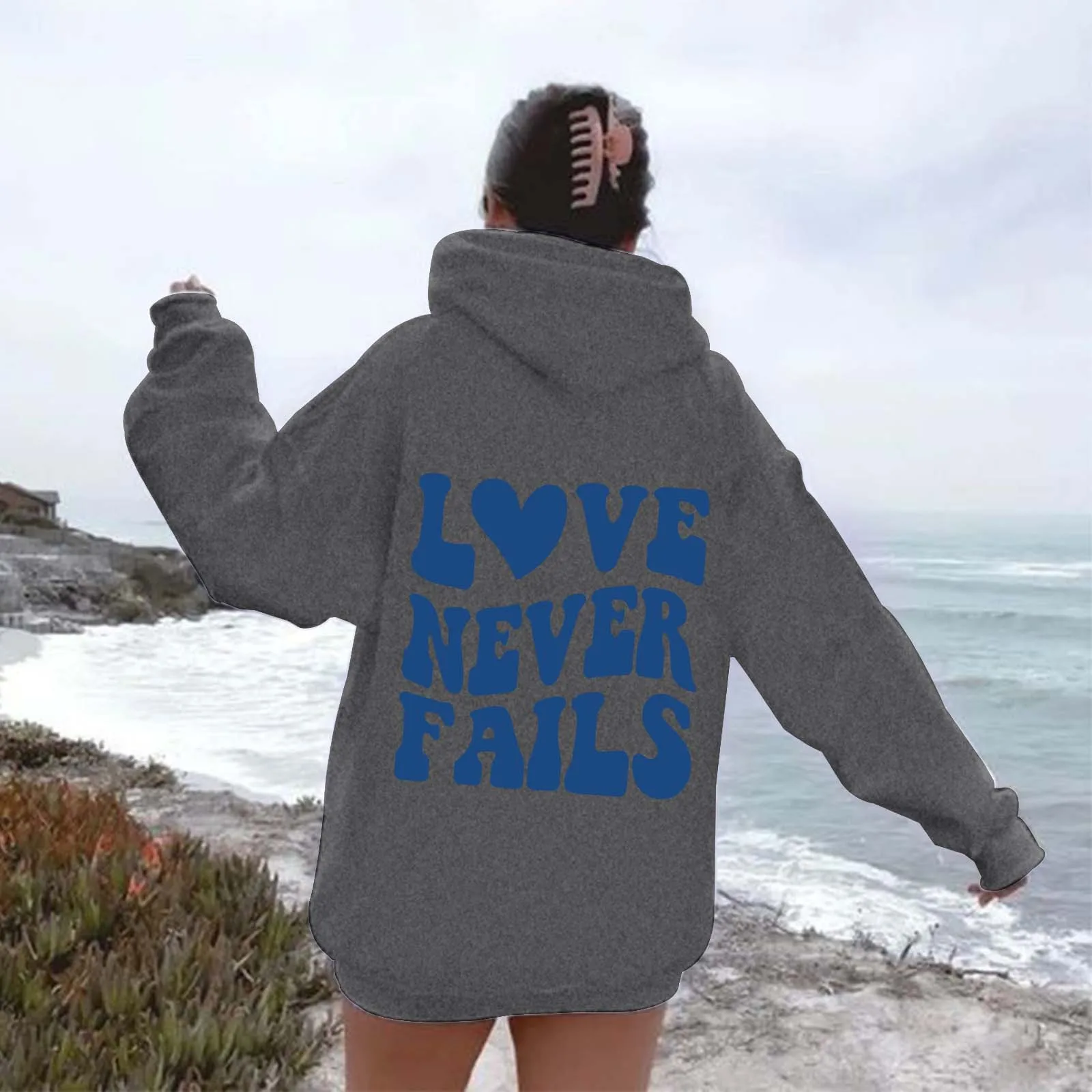 حبيب المرأة فشل كبير الحجم هوديي الرياضية ، أحادية اللون ، طباعة الحروف ، الخريف ، جديد