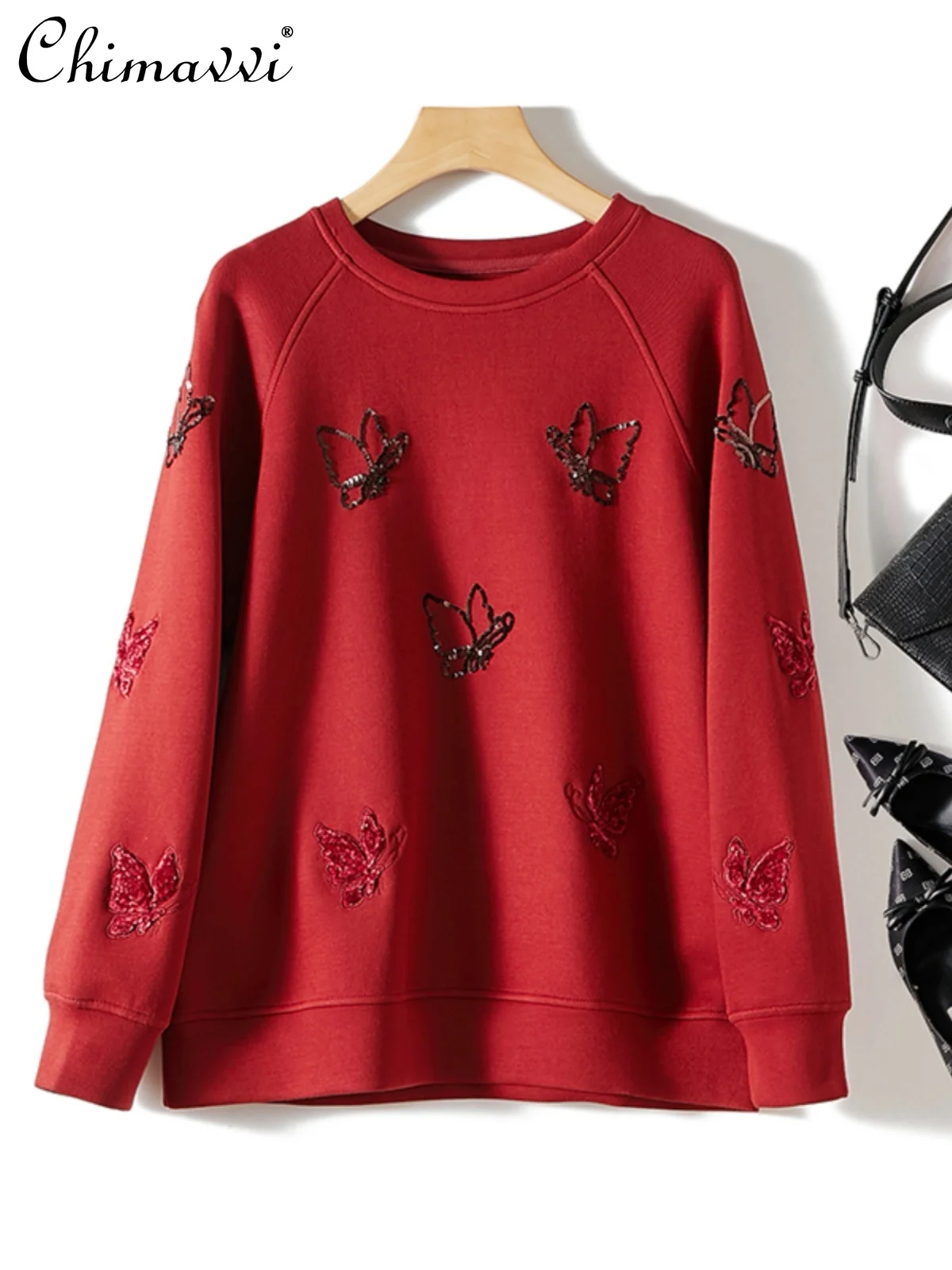 

Fashionable Sequins Flocking Butterfly Sweatshirts 2024 Spring New Round Neck Long Sleeve Loose Long Sleeve Pullover Hoodie Top