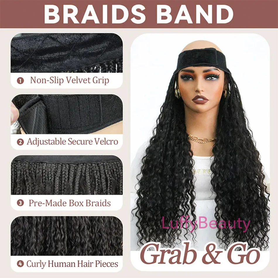 Braids Band Hair Extensions Boho Box Braids Band Wig With Human Hair Curls Grab And Go Braided Wig For Black Women