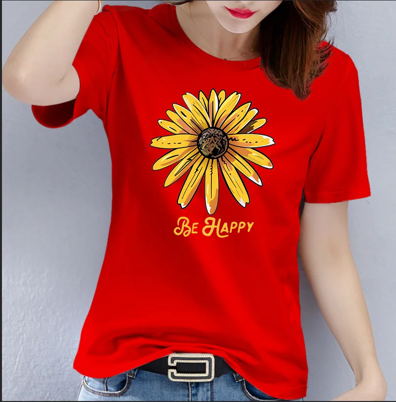 Cotton 100% European and American Women's Small Daisy Print Casual Top Short Sleeve T-shirt Oversized T Shirt  Graphic Tops