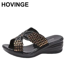 HOVINGE summer leather women open toe wedge sandals women's soft comfortable casual slippers mother outdoor leisure beach shoes