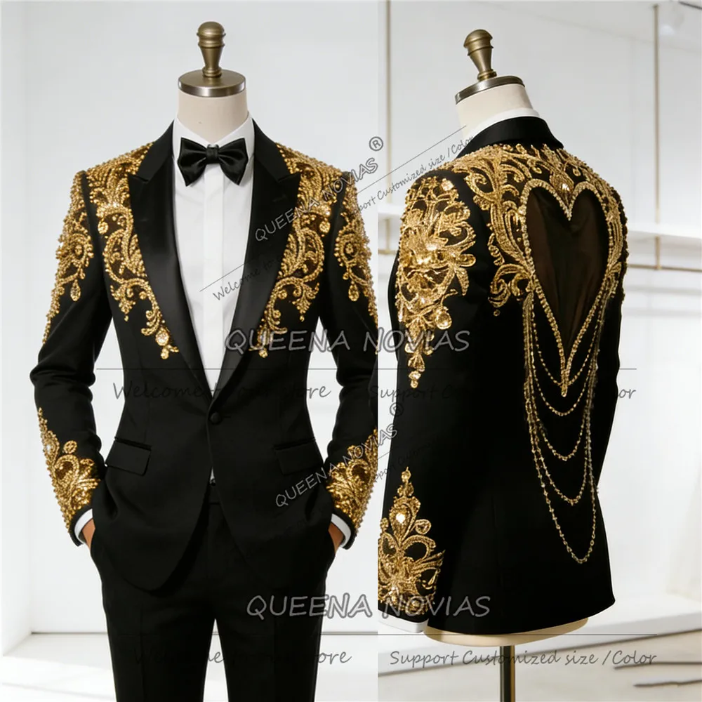 

Brilliant Jewelry Stones Ornament Suits Men Slim Fit Cut-Out Back Prom Blazer Customized Groom Wedding Tuxedos Costume Homme 2Pc