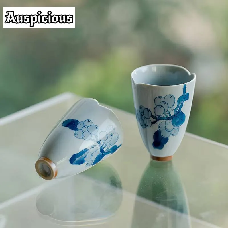 2pc/Set Ancient Pure Hand-painted Loquat Ceramic Tea Cup Two Petals Tall Master Cup Chinese Smelling Cup Kung Fu Tea Set 45ml