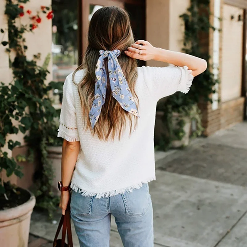 الأزهار طباعة Scrunchies الشريط الطويل ذيل حصان وشاح الشعر التعادل Scrunchies للنساء الفتيات مرونة العصابات الشعر إكسسوارات الشعر Gitf #4