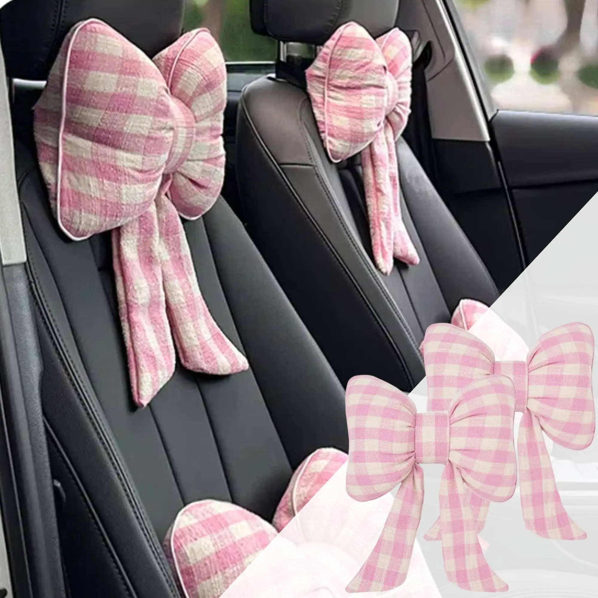 

2pcs Pink Checkered Bowknot Car Headrest Covers In Cotton Linen For Comfort And Stylish Interior Decor