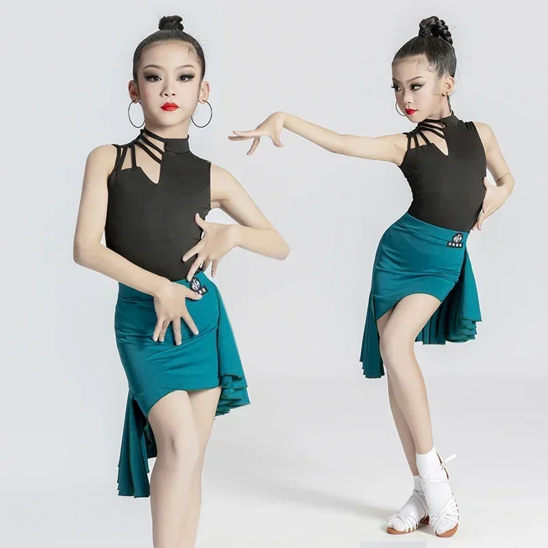 Summer Children Latin Dance Clothing Girls Competition Training  Clothes Latin Dance Performance Skirt Split Suit