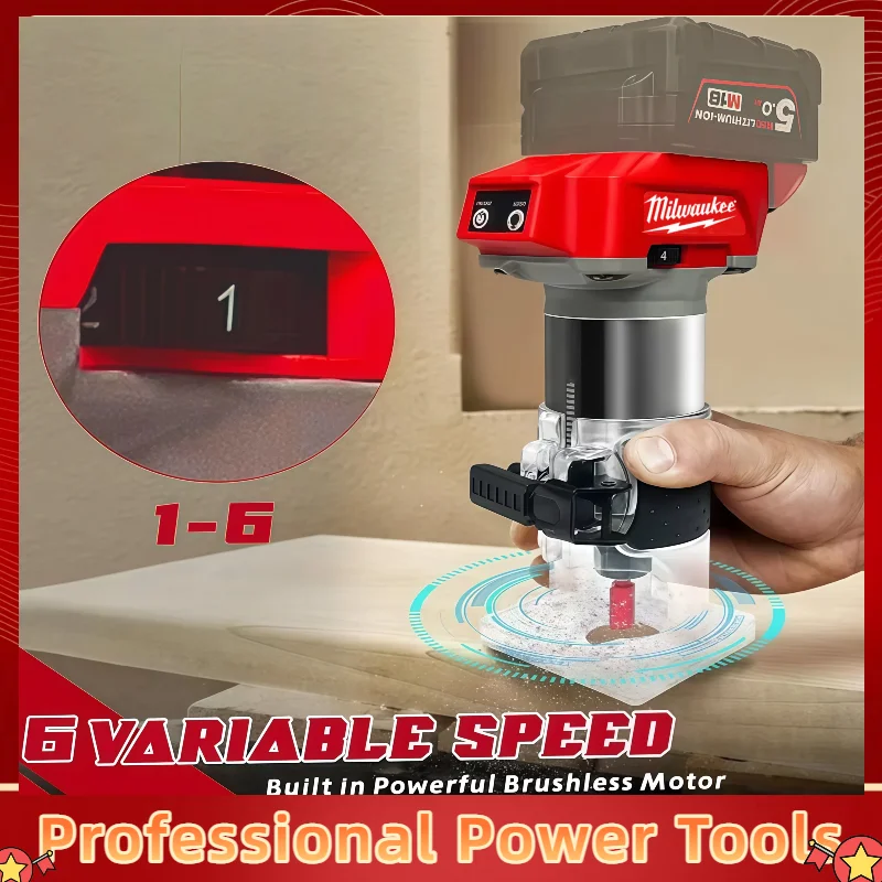 

Fit Milwaukee Brushless Electric Trimmer 800W 30000RPM Cordless Compact Router 5-Speeds Woodworking Trimming Machine For 18V