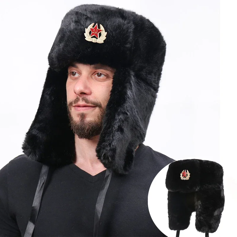 

Soviet Army Military Badge Russia Ushanka Bomber Hats Pilot Trapper trooper Hat Winter Faux Rabbit Fur Earflap Men Snow Caps