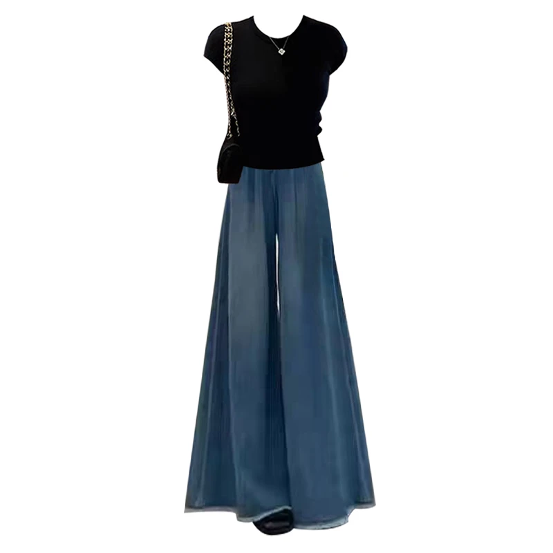 ชุดเซ็ตเสื้อผ้าผู้หญิงสำหรับฤดูร้อน ผ้าไหมน้ำแข็ง เสื้อครอปเอวลอย กางเกงยีนส์ขายาวเอวสูง ทรงวินเทจ ช่วยให้ดูผอมเพรียว ชุดสองชิ้น