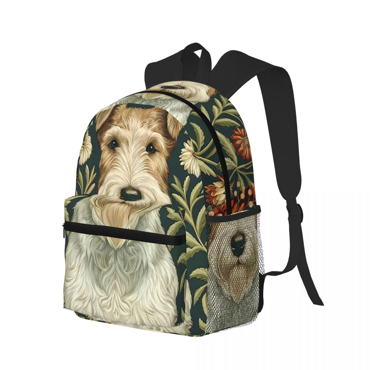Mochila escolar con diseño de perro Wire Fox Terrier en un jardín floral de William Morris, mochila escolar para niños y niñas, bolsa de libros, bolsos de hombro