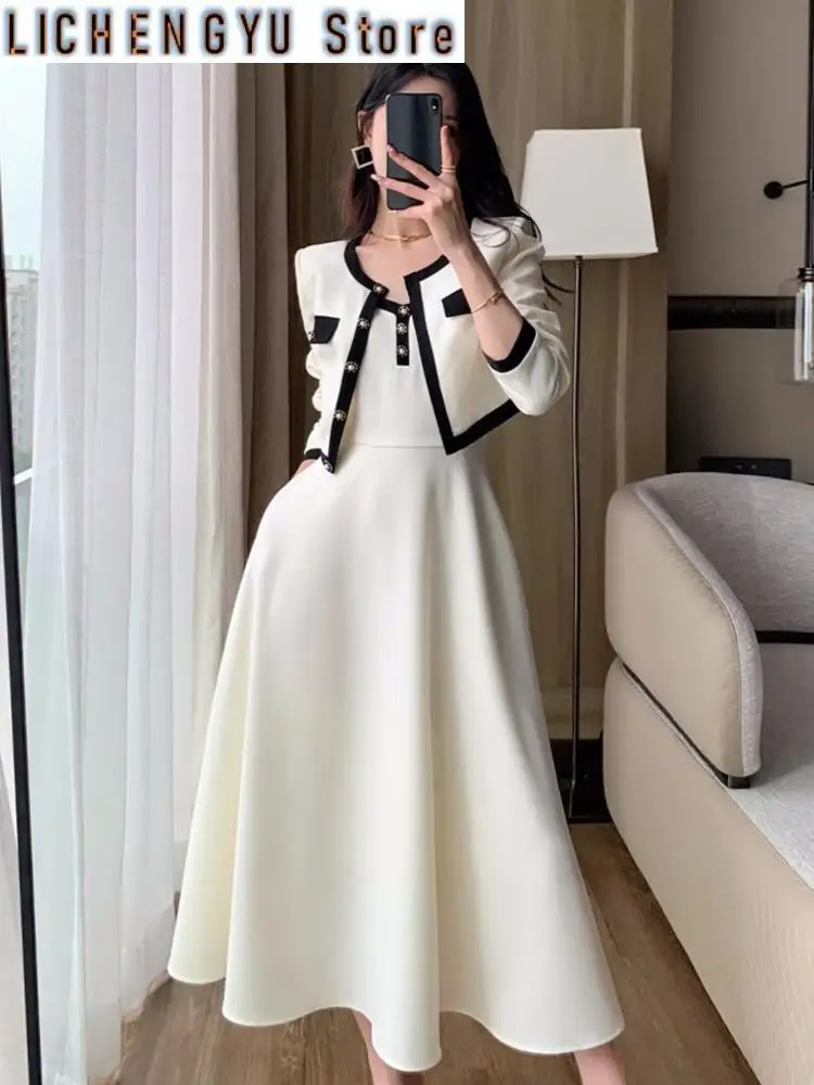 Elegant Solid Midi Dress 2 Piece Set Office Lady Chic Suit Spring Short Jacket Sleveless A-line Dresses Outfits Korean Clothes