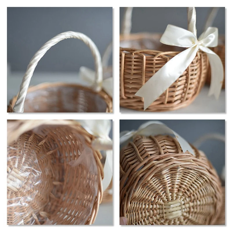 3X Wicker Woven Flower Basket, With Handle And White Ribbon, Wedding Flower Girl Baskets, For Home Garden Decoration(L)