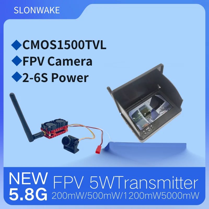 SLONWAKE 5W 5.8G 48CH FPV VTX Módulo transmissor Ventilador de resfriamento duplo Microfone embutido com câmera 1500TVL e display HD de 5 polegadas