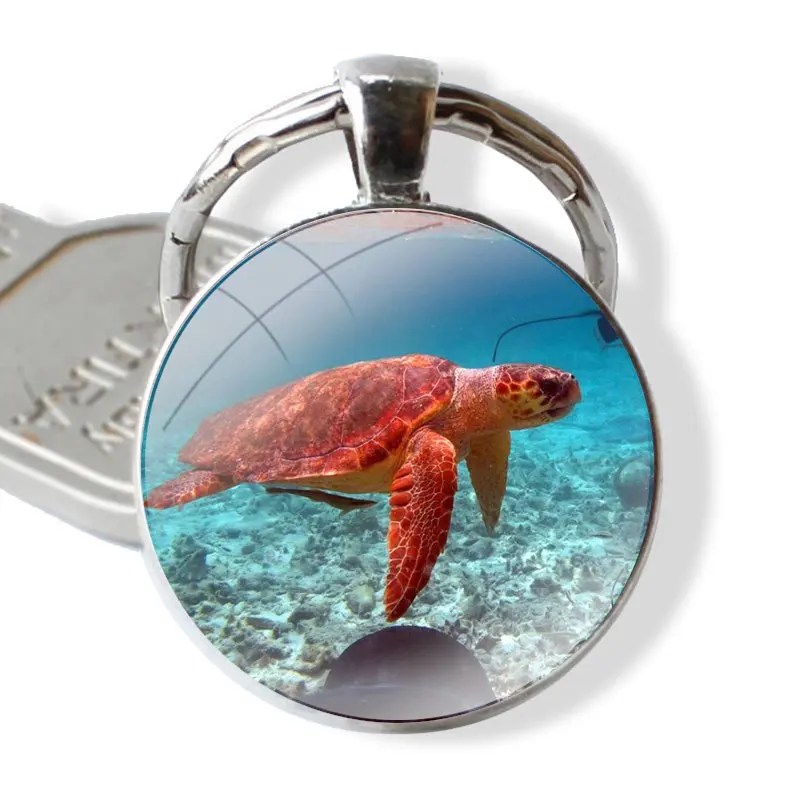 Sea Turtle And Stingray Keychain Handmade Glass Cabochon Key Ring Holder Pendant Key Chains