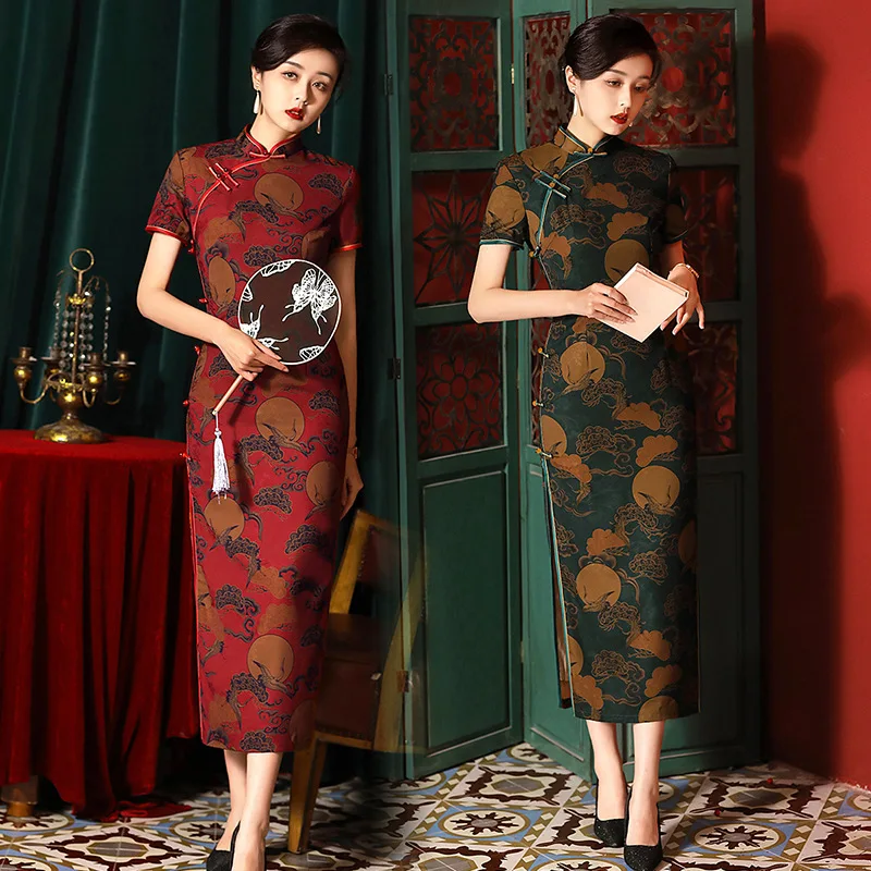 

2022 New Women Spring Summer Chiffon Qipao Lady Short Sleeve Print Party Dress Female Chinese Traditional Cheongsam