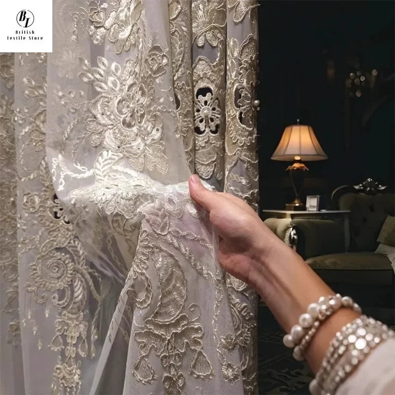 

Custom Size！！European Luxury Embroidered Gauze Hollow High-end Curtains for Living Dining Room Bedroom Jacquard White Decor