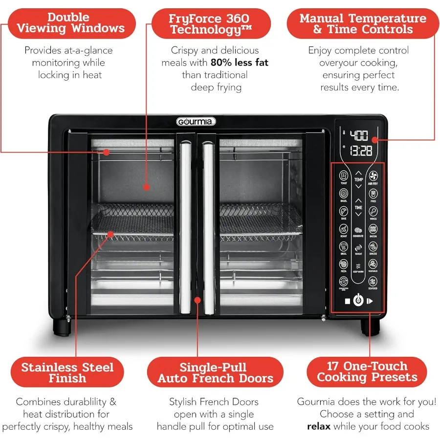 トースターオーブン エアフライヤー コンボ 17種類の調理プリセット 1700W フレンチドア デジタルエアフライヤーオーブン 24L容量 アクセサリー付き コンベクション機能付き