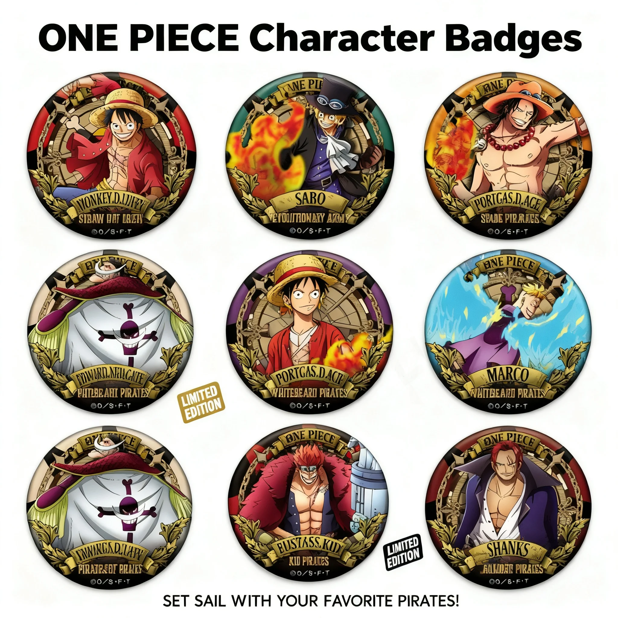 

Значок One Piece: аниме-пин с Луффи, Эйсом, Сабо, Белоусом, Лоу. Металлическая брошь-аксессуар для косплея и коллекции. Бизнес-подарок.