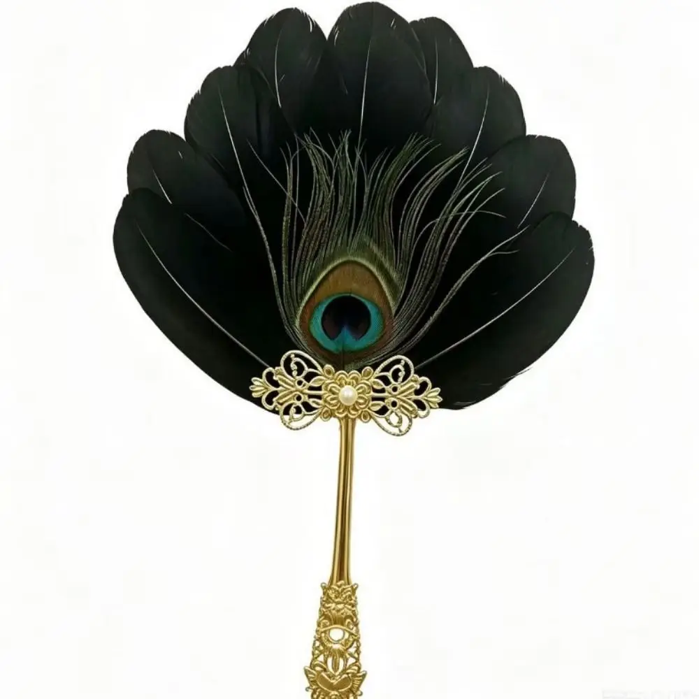 Ancient Style Elegant Peacocks Feathered Fan with Chinese Style Small Wedding Photography Fan Costume Prop Fan