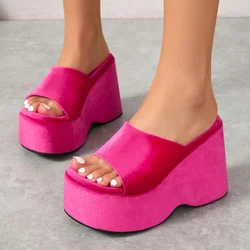 2023 New Summer Solid Color Thick Wedge Heel Large Size Slippers Women's Open-toe Leather Face Versatile High-heeled Shoes