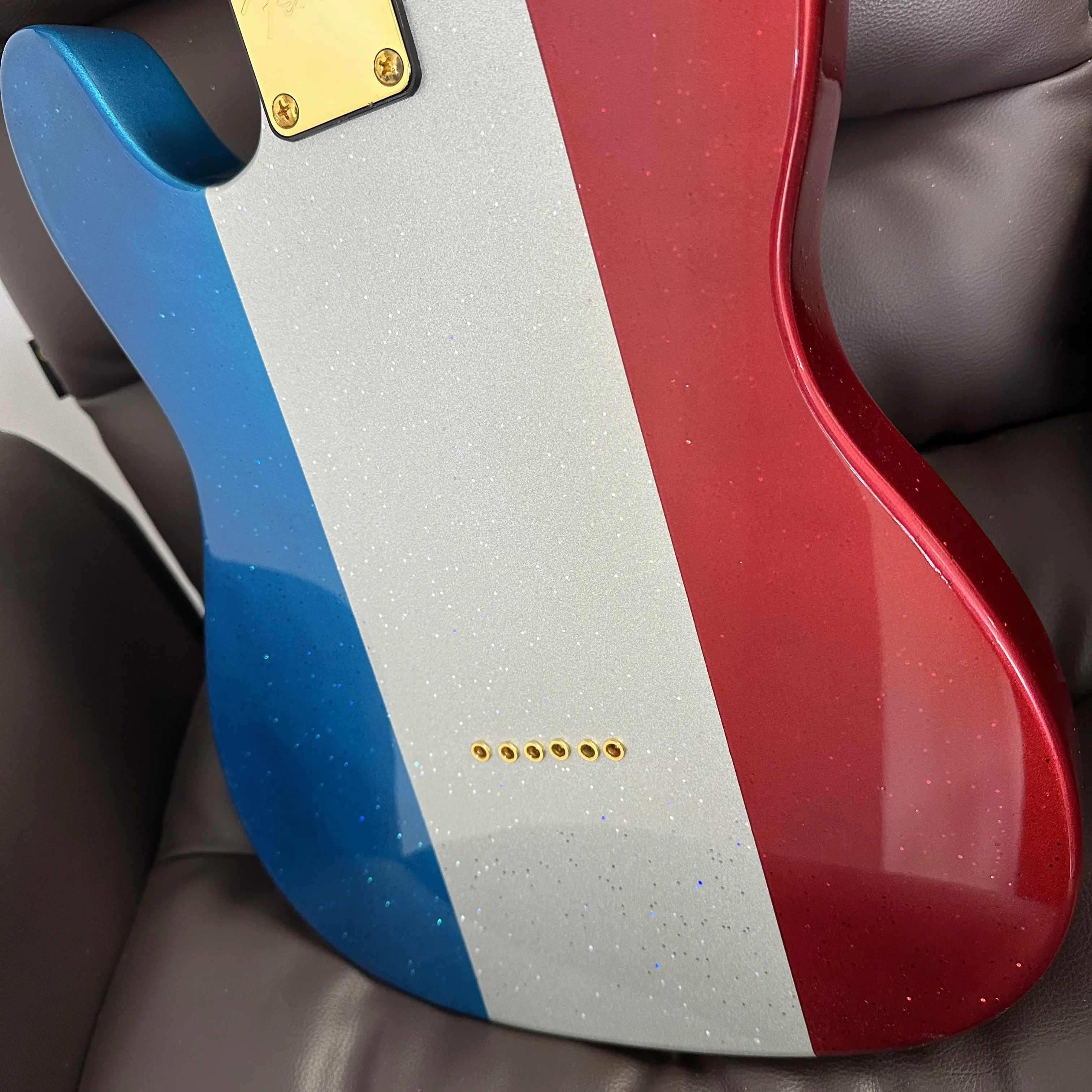 US Warehouse TL Style Electric Guitar Red Silver Blue Sparkle Color Block Solid Body Maple Fingerboard Cream Pickguard Gold Hardware Single Coil Pickups 6 String Guitar