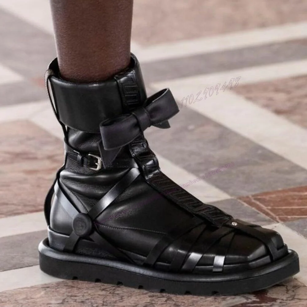 

Black Bow Knot Strappy Decor Men's Boots Matte Leather Square Toe Punk Style Handmade Shoes for Men Runway Casual Winter Shoes