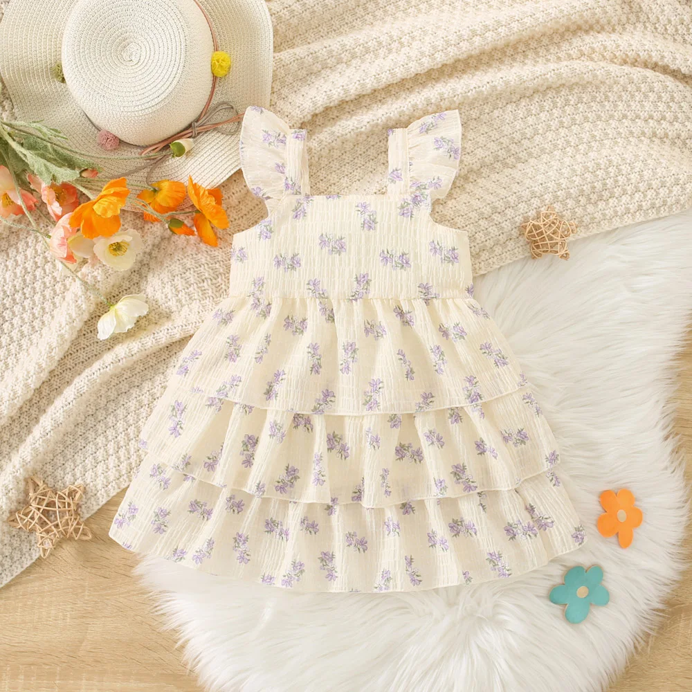 Summer Baby Girl Dress, Floral Bow, Thousand Layer Princess Dress, Cute Little Flying Sleeve Girl Princess Dress