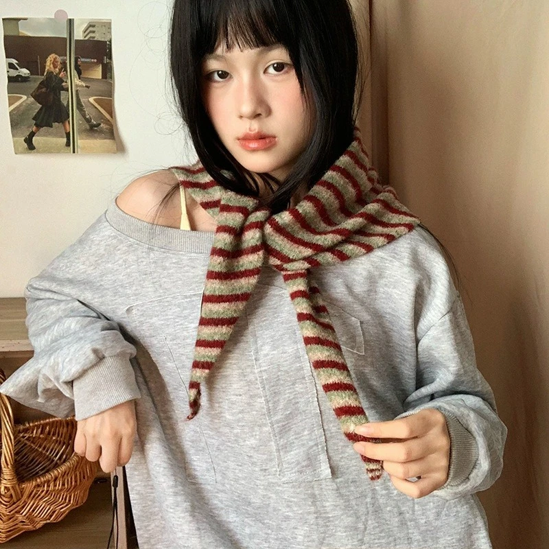 Striped Korean Ins Style Knitted Scarf Winter Ladies Japanese Wool Triangular Scarf Shawl Versatile Outdoor Jumper Accessories