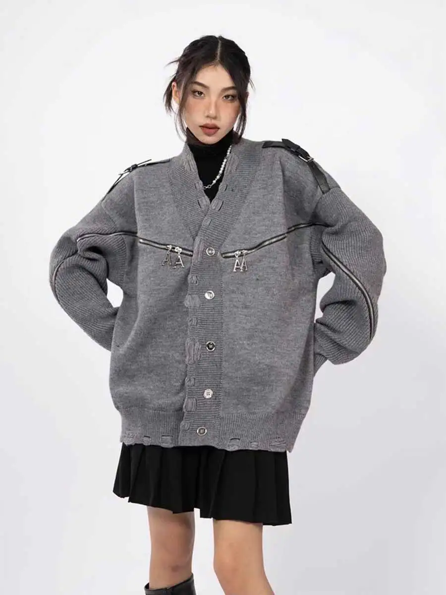 REDDACHiC Women Ripped Knit Cardigan Function Zipper Deconstructed Destroyed Sweater Jacket Fall Winter Retro Y2k Korean Outwear