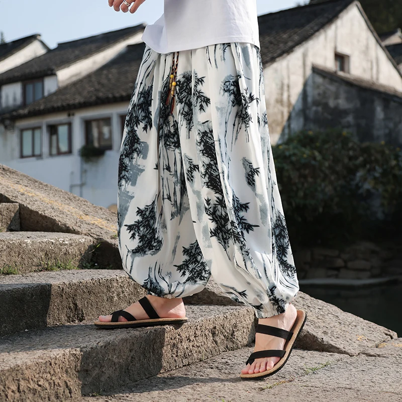 

Pants Men Hot sales Chinese Style Retro Bamboo Ieaf Men's Wide-leg Pants Kung Fu Traditional Casual Loose Oversize Mens Trousers