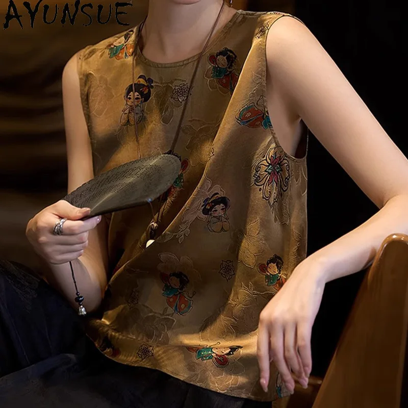 AYUNSUE 91% Mulberry Silk Women's T-shirts Sleeveless Tanks Top Chinese Style Summer Clothes for Woman High Quality Топ Женский
