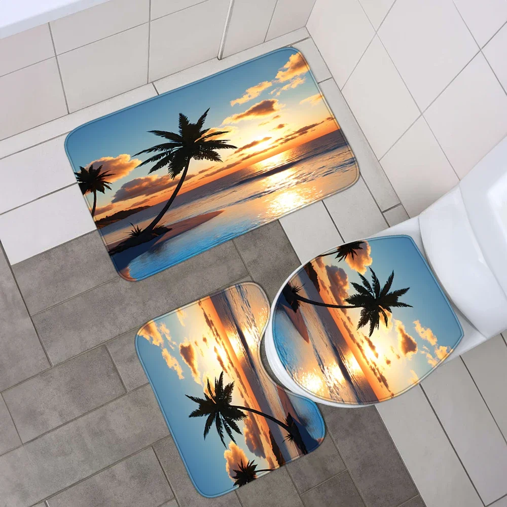 1 set of beach sunset coconut tree printed polyester shower curtains, natural style, with plastic hooks and bathroom mats