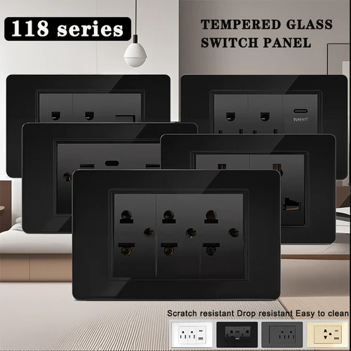 Panel de interruptor de luz de 2 vías de vidrio templado negro americano 118*75mm México tailandés EE. UU. USB tipo C enchufe de pared de carga rápida para el hogar y la Oficina