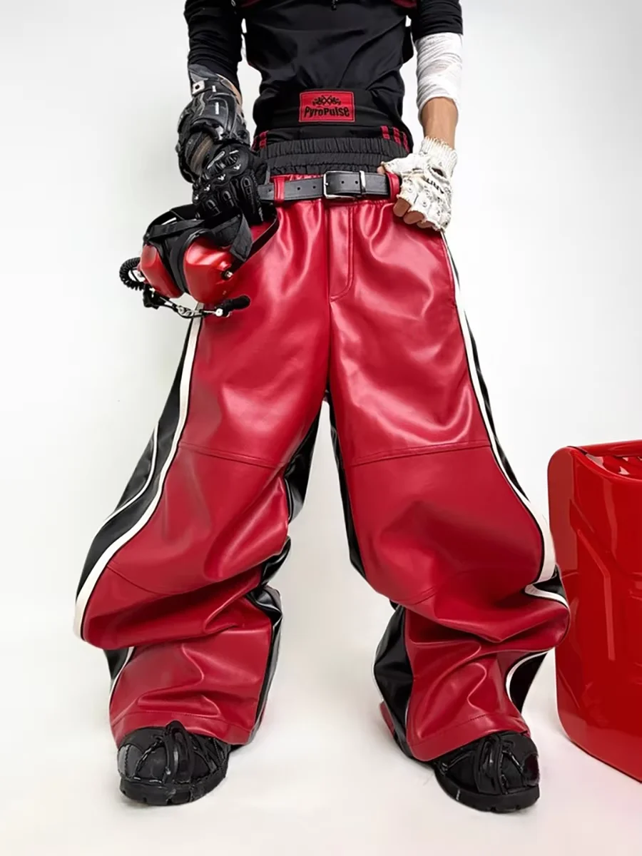 

Mauroicardi Autumn Long Patchwork Double Waistband Pu Leather Wide Leg Pants Men Color Block Luxury Designer Clothes Streetwear