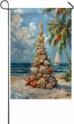 Christmas Ocean Garden Flag Seashell Starfish Xmas Tree Palm Sky, 12x18 Inch XXQ