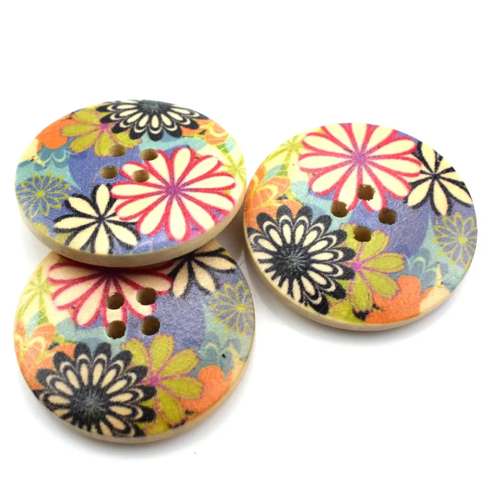 30MM Mix Wood Buckle Flower Printed Wooden Buttons Handmade Wood Buckles Button Craft DIY Baby Sewing Apparel Accessories