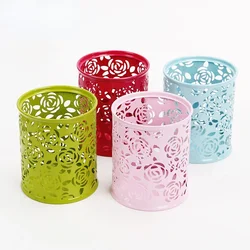 1 PC Metal Hollow Rose Flower Design Cylinder Pen cil Pot Holder Storage  Case Office Stationary Supplies