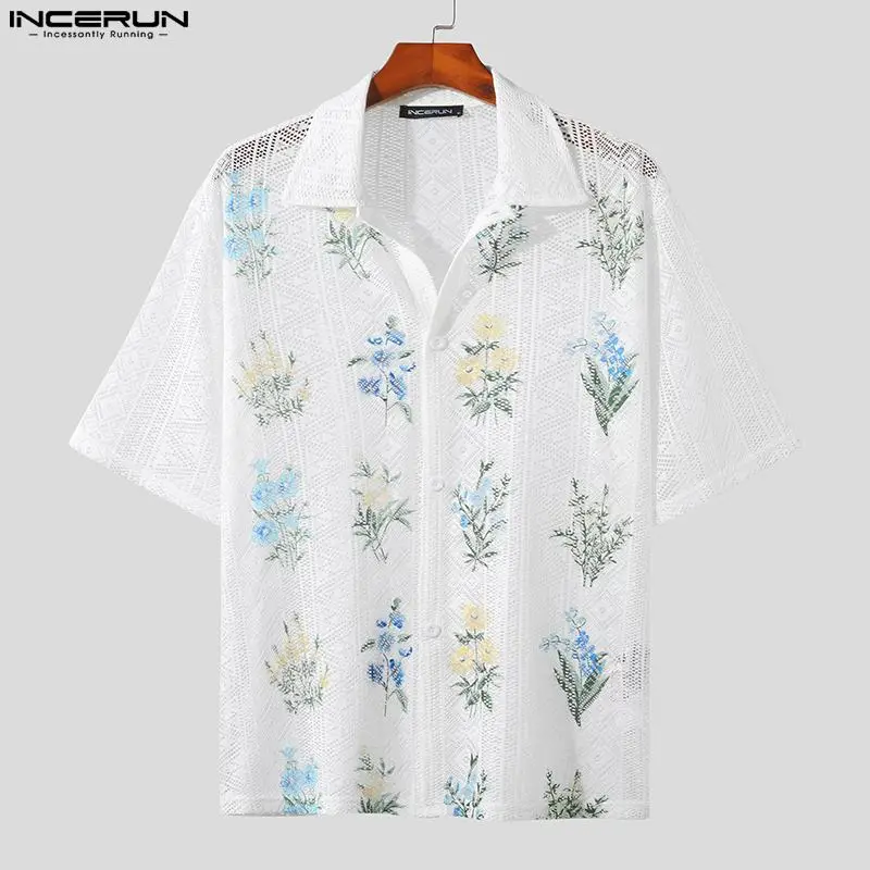 Stylish Casual Style Tops INCERUN Men\'s See-through Tracery Printing Pattern Blouse Male Hot Selling Short Sleeved Shirts S-5XL