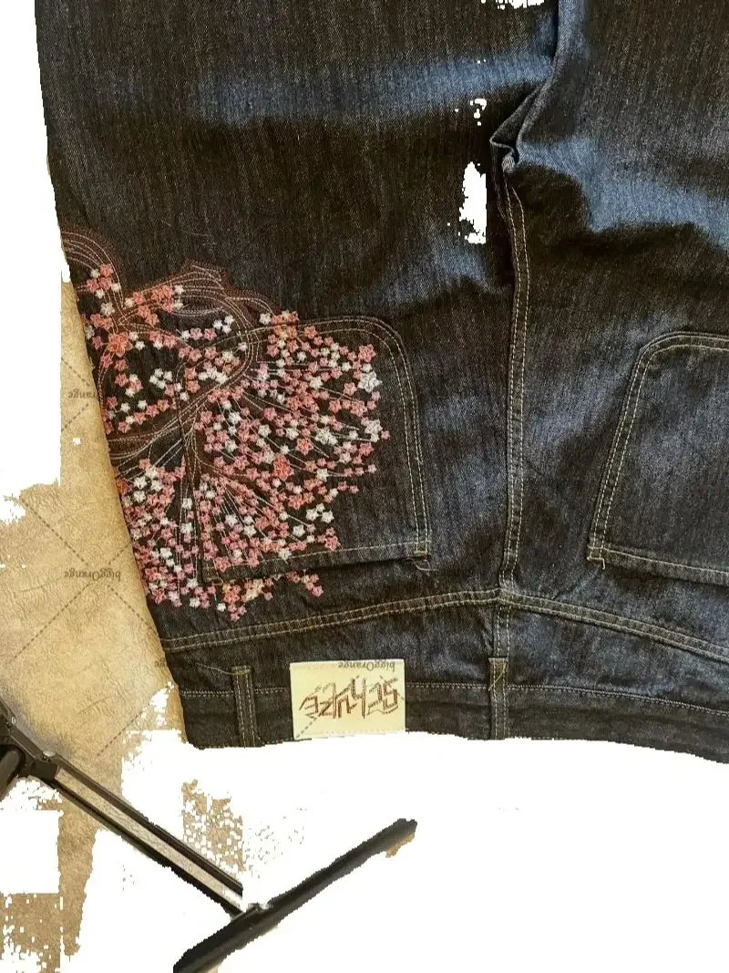 

Ретро Сакура Harajuku, прямые джинсы большого размера, модные свободные широкие брюки, мужская повседневная одежда в американском стиле High Street, женская одежда