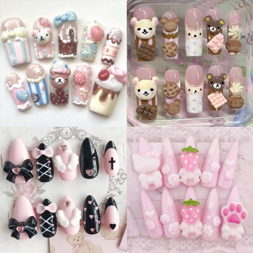 

Kawaii Rilakkuma Handmade Press On Nails 3D Flower Bowknot Cream Monkey Lace Reusable False Nails Friend Gifts