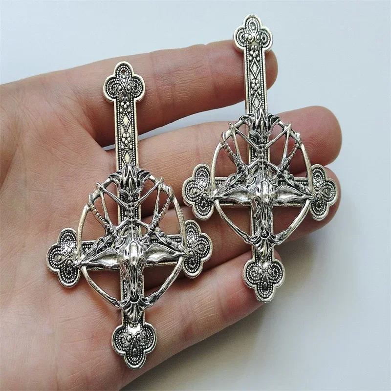 2pcs Baphomet Cross Charm Inverted Upside Down Cross Pendant Vintage Gothic Satanic Pagan Wiccan Occult Jewelry Accessories