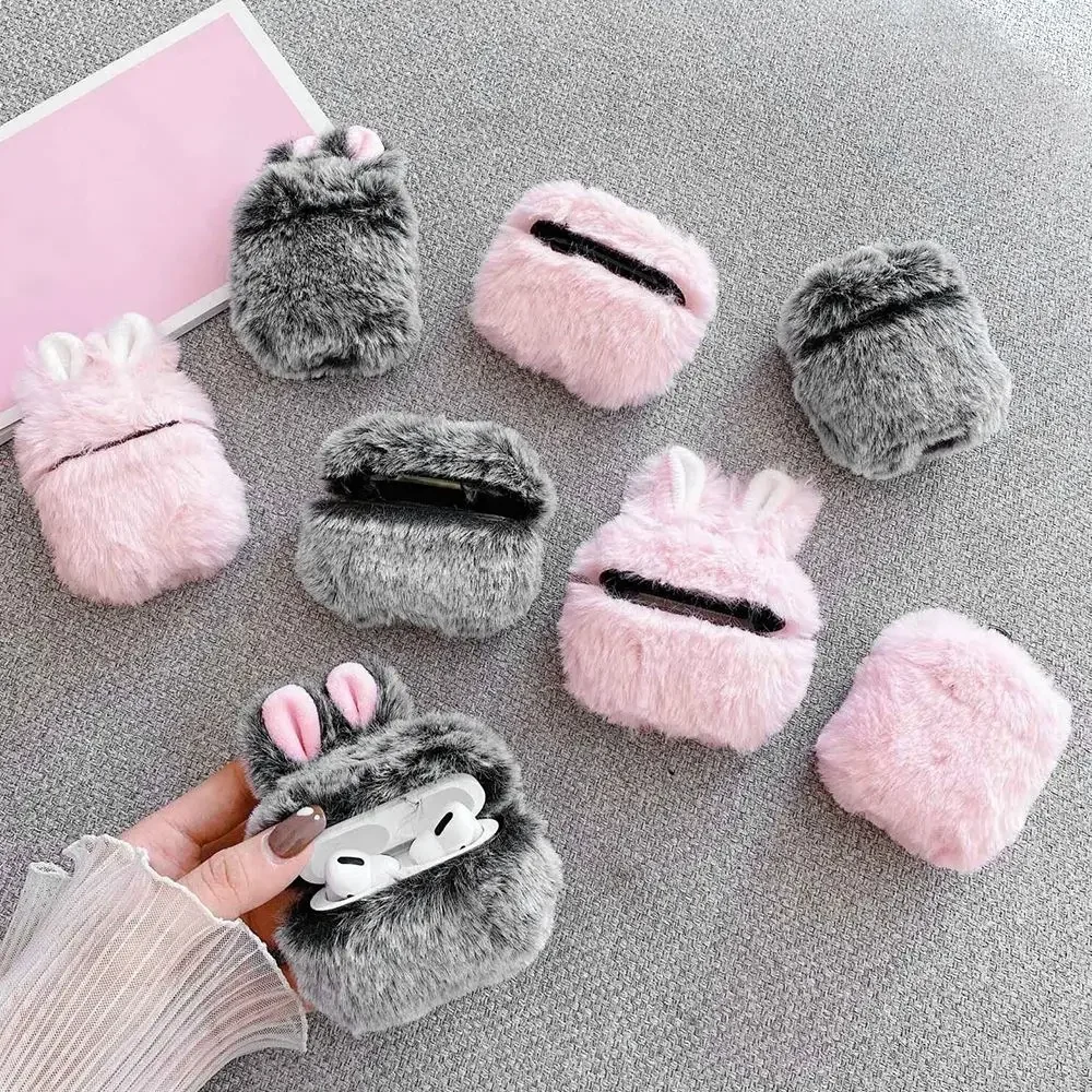 Soft Rabbit Ear Fur Case for Apple AirPods 1 2 Wireless Charging Fluffy Box with Carabiner Plush Cover for Airpods Pro Case Capa